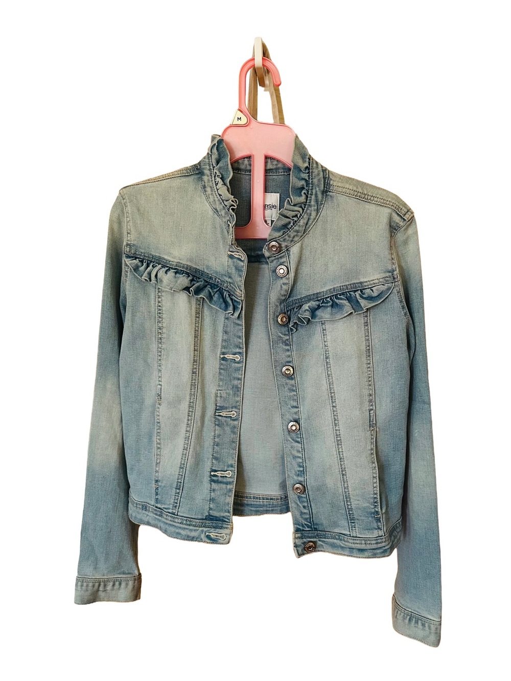 Kensie Light Blue Ruffle-Trim Denim Jacket